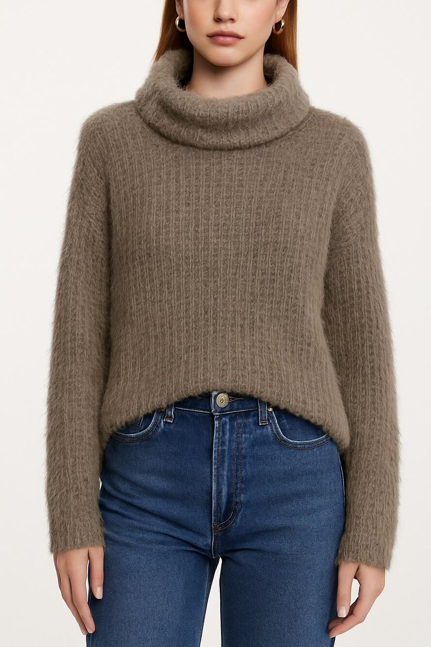 Tempo Paris Fuzzy Alpaca Wool Blend Cowl Neck Sweater Brown Taupe | Size S